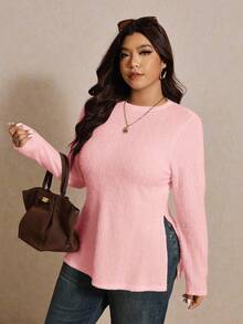 Elaquor Plus Size Casual Side Slit Solid Color Round Neck Regular Shoulder Long Sleeve T-Shirt Pink - Pink - View 5
