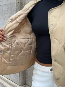 SHEIN Unity Casual Versatile Quilted Gourd Pocket Jacket, Winter - Khaki - View 7