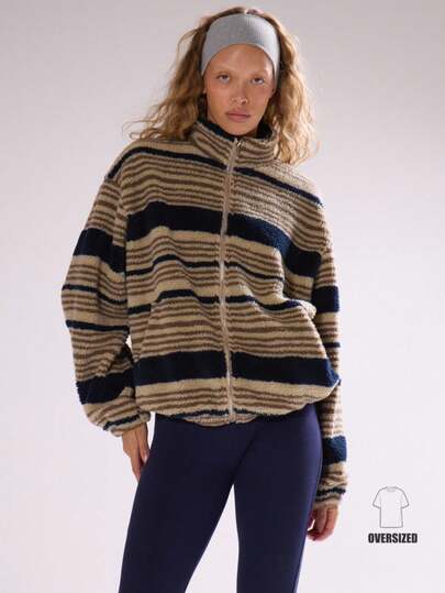 MUSERA Chaqueta de forro polar con cremallera de cuello alto a rayas multicolor para otoño, invierno, vacaciones de esquí, Navidad, descanso y après-ski