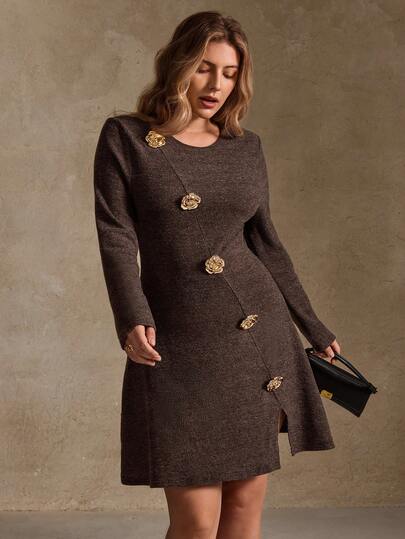 Elegantrix Plus Size Women Textured Floral Chiffon Ribbed Knit Rose Metal Button French Casual Split Dress, Autumn/Winter