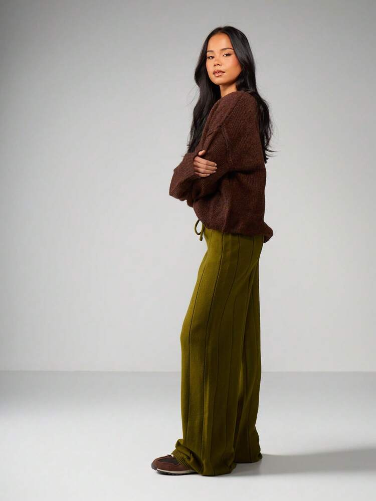 MISSGUIDED Ribbed Knit Wide Leg Relaxed Straight Drawstring Pants For Fall Winter Lounge Comfort Christmas