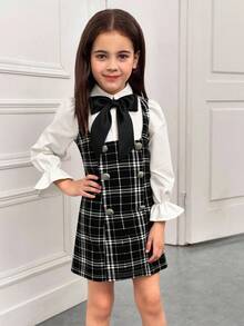 Young Girl Casual Minimalist Comfortable Collared Puff Sleeve Color Block Dress - Multicolor - View 3