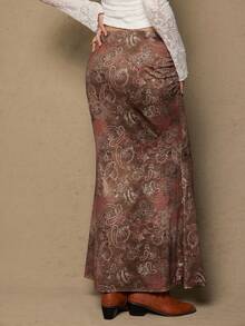 Freevana 大码女式休闲度假风佩斯利印花低腰鱼尾裙 - 卡其色 - 查看 4