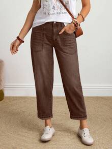 EMERY ROSE Quần jeans ống côn lưng thun co giãn giặt thường ngày cỡ lớn - Cà phê nâu - Xem 1