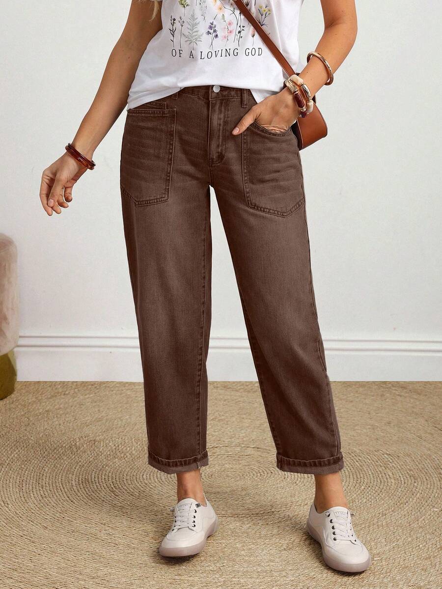 EMERY ROSE Quần jeans ống côn lưng thun co giãn giặt thường ngày cỡ lớn - Cà phê nâu - Xem 1