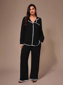 Lazeform 大码柔软针织花卉网纱撞色包边法式休闲上衣，带纽扣，上衣和裤子套装，家居服/睡衣套装，秋冬服装 - 黑色 - 查看 6