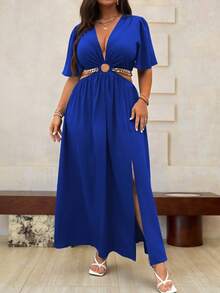 Roveilla Plus Size Women's Solid Color Deep V-Neck Ruffle Sleeve Slit Hem Elegant Dress Maxi Women Outfit - Royal Blue - View 6