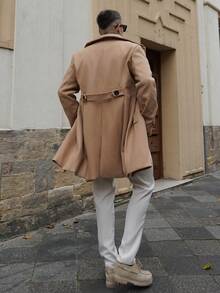 Artur Kramer 男士羊毛混纺双排扣长款大衣，秋冬季英伦风大衣 - 卡其色 - 查看 6