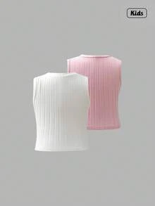 Sweetra 2件装 心形刺绣镂空圆领罗纹背心 适合年轻女孩 - 粉色 - 查看 2