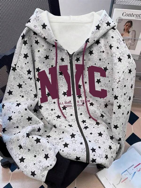 SHEIN Hot-Selling Style, American Retro Street English Star-Printed Women's Zipper Hooded Sweatshirt, Suitable For Daily Shopping, Dating And Commuting, Fashionable And Warm For Autumn And Winter.