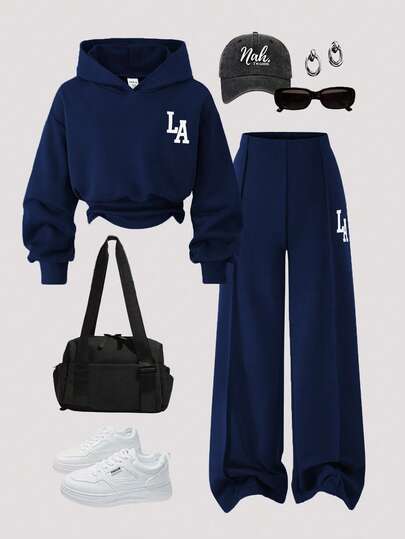 Girls Casual Knit Solid Color Front Graphic Letter Print Drop Shoulder Hooded Sweatshirt & Pants 2 Pieces Set