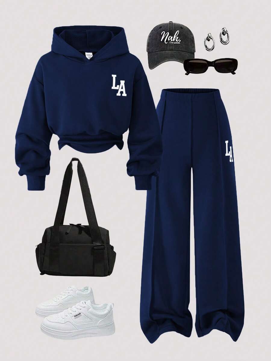 Setelan 2 Potong untuk Anak Perempuan: Sweater Hoodie dan Celana Panjang Rajut Kasual Warna Polos dengan Cetakan Huruf Grafis di Bagian Depan dan Bahu Longgar - Royal Blue - View 1