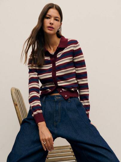 Nöista Cárdigan de punto a rayas con mangas largas, cuello clásico y cierre delantero de botones, que ofrece una capa versátil con inspiración retro perfecta para los atuendos de vacaciones de primavera de las mujeres, un estilo casual fácil, looks cotidianos pulidos, atuendos festivos de cumpleaños para la ropa de mujer y un Día de San Valentín relajado.