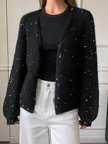 Livesso 女士休闲V领亮片开衫，秋季款 - 黑色 - 查看 5