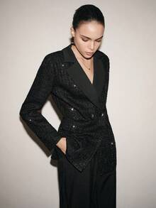 SHEIN ChicEase 女士优雅亮片装饰西装外套，适合节日派对、约会及其他场合，秋冬季穿着 - 黑色 - 查看 4