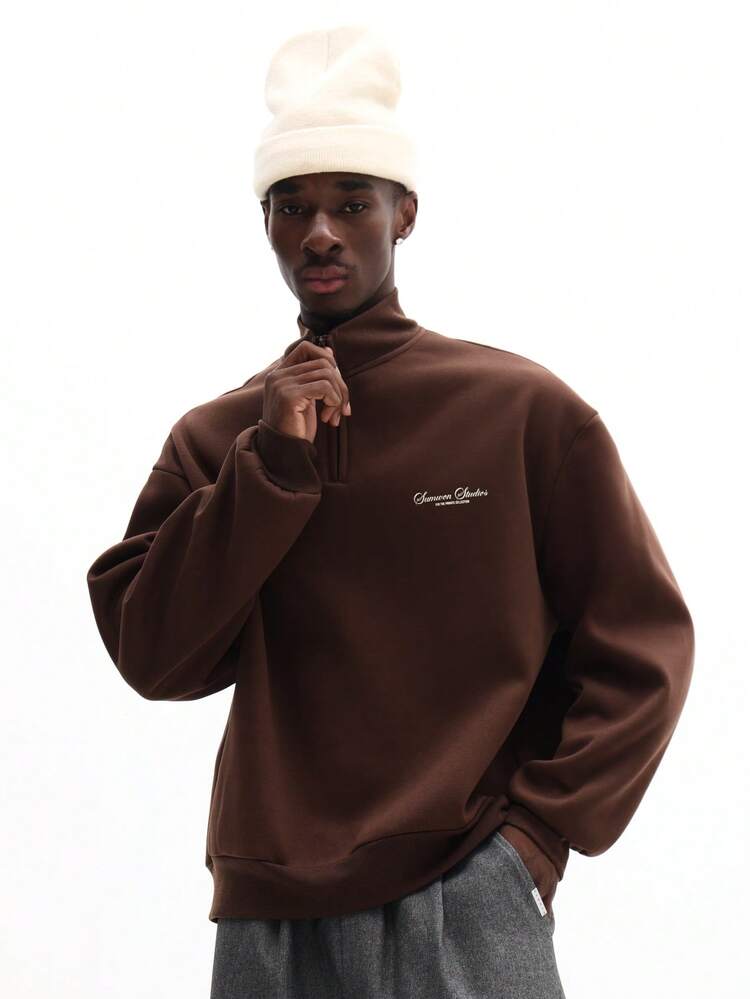 Quarter Zip Raised Neck Pullover Sweatshirt