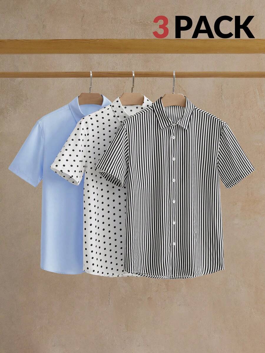 Manfinity NXTstreet 3 件套年轻男士休闲宽松梭织短袖白黑蓝衬衫，日常穿着多件装 - 彩色 - 查看 1