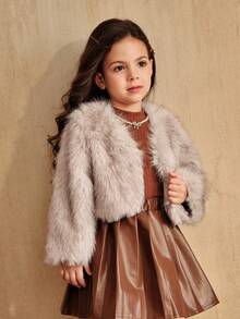 SHEIN Elladie kids Winter New Fashionable & Chic Girls Faux Fur Jacket, Tie Dye Fluffy High-End Short Thick Coat Fall
