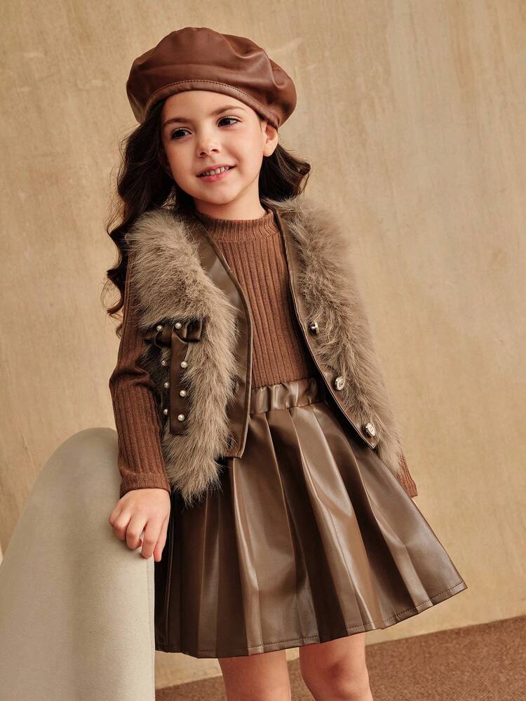 SHEIN Elladie kids 少女棕色针织长袖毛绒蝴蝶结串珠背心外套百褶裙3件套时尚可爱适合春秋冬装 - 鏽棕色 - 查看 7