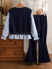 SHEIN Áo len tay dài phong cách Hàn Quốc cho bé gái, áo sơ mi dễ thương, bộ áo vest 2 trong 1 và quần ống loe thường ngày mới cho mùa xuân/thu - Nhiều màu - Xem 2