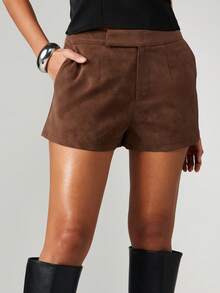 MISSGUIDED High Rise Suede Tailored Shorts With Cuffed Hem Detail For Fall Winter - Coffee Brown - View 6