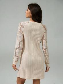 SHEIN Tall 女款休閒純色提花拼接短款迷你洋裝，秋季，適合高個女性 - 杏色 - 查看 2