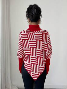 Elenzga Áo len Poncho cổ cao họa tiết hình học thanh lịch dành cho nữ, phối màu, thích hợp mặc ở nhà và đi du lịch, mùa xuân/thu - Đỏ - Xem 2
