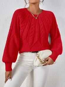 EMERY ROSE Casual Solid Color Lantern Sleeve Sweater, Autumn/Winter - Red - View 4