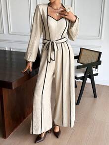 SHEIN Frenchy Herbst-Winter 2025 Damen Mode Lässiger Kontrast-Farbakzent Jumpsuit, Langarm Jumpsuit für Frauen, Damen Jumpsuits, Kontrast-Farbakzent Jumpsuit, Leinen Jumpsuits, Taillengürtel Jumpsuit, Eleganter Jumpsuit für Frauen, Brunch Outfit, Winteroutfits für Frauen, Stilvolle Bekleidungskollektion, Französischer Stil Kleidung, Silvester Outfit, Weihnachten, Thanksgiving Outfit für Frauen, Lässiges Outfit für Frauen, Vintage, Minimalistisch, Pendler, Büro, Perfekt für den Alltag - Aprikosenfarben - Übersicht 4