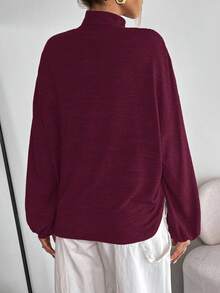 Siren Gaze Áo thun cổ lọ tay dài màu trơn có dây rút viền bất đối xứng dành cho nữ - Màu đỏ tím - Xem 2