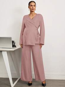 MaterniWear 优雅孕妇通勤纯色系带衬衫和裤子套装 - 藕粉色 - 查看 3
