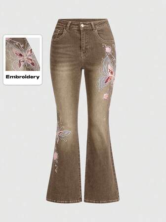 Fairycore Jeans slim flare taille basse vintage Y2K avec broderie jacquard papillon et rose, grande taille pour femmes