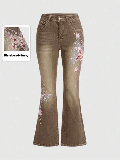 Fairycore Jeans a vita bassa skinny flare da donna taglie forti con ricamo jacquard vintage a farfalle e rose