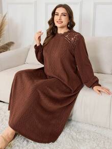 Lacomfia Plus Size Elegant Long Knit Dress With Lace Hollow-Out Shoulder And Lantern Sleeves, Deep Brown - Coffee Brown - View 3