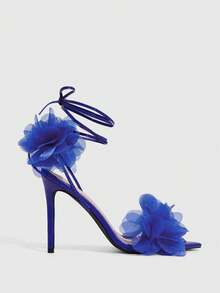 CUCCOO SZL 女士时尚3D立体花朵系带高跟凉鞋，夏季 - 寶藍色 - 查看 3