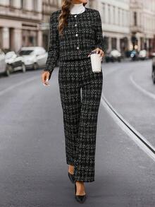 Editum 女士黑白仿粗花呢印花针织西装套装 - 黑與白 - 查看 4