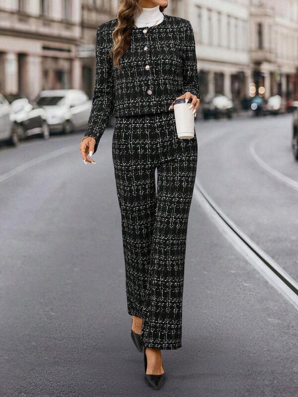 Editum Women's Black & White Faux Tweed Printed Knit Blazer Set