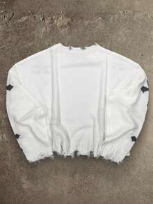 AXEPEAK 男士超大款十字图案做旧宽松落肩短款毛衣 - 白色 - 查看 2