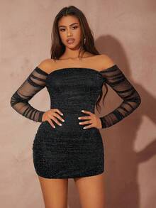 Radiana 春夏性感露肩亮片紧身长袖连衣裙 - 黑色 - 查看 5