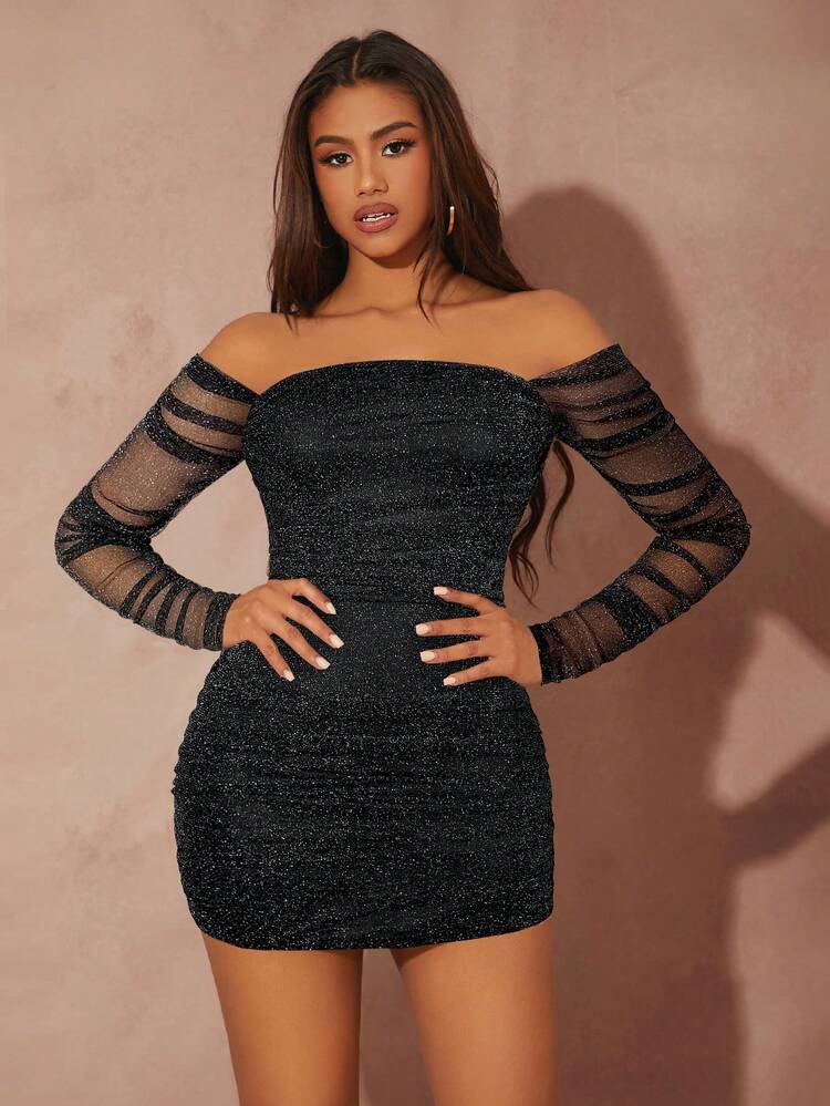 SHEIN SXY Off The Shoulder Glitter Bodycon Dress | SHEIN