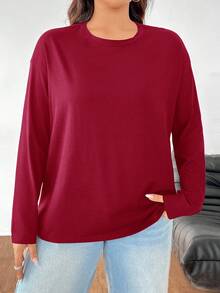 SHEIN EZwear 秋季大码纯色休闲长袖T恤 - 紅色 - 查看 4