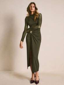 Poéselle Váy ôm bó màu trơn dành cho nữ, thích hợp để đi làm - xanh quân đội - Xem 7