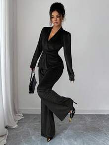 Elenzga New Elegant V-Neck Twist Waist Long Sleeve Top And Flare Leg Pants Set - Black - View 6