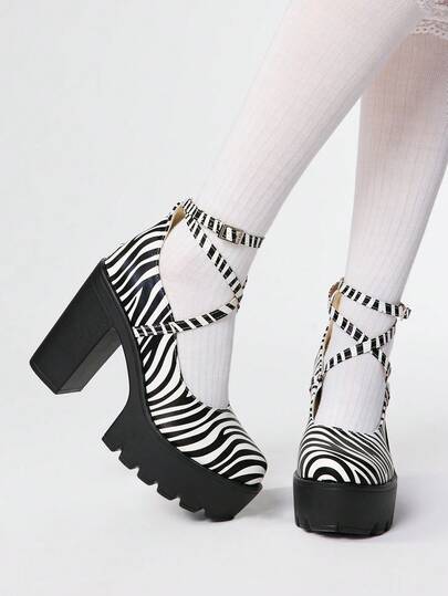 Goth Women's Closed Toe Cross-Strap Mary Jane Shoes, Punk Goth Platform Thick Heel One-Strap Buckle Strap JK Uniform Shoes, Waterproof Formal Work High Heels