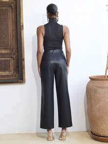 Dancing Leopard 黛娜黑色PU长裤，女士长裤，女士阔腿裤，女士夏季服装，女士职业装，女士休闲装，度假装，活动裤，女士办公室服装，女士度假装 - 黑色 - 查看 2