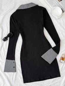 SHEIN Teen Girls Knitted Houndstooth Patchwork Mini Dress - Black and White - View 2