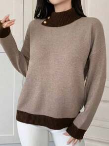 DAZY Suéter holgado de punto con bloques de color para mujer, otoño - Caqui - Ver 4