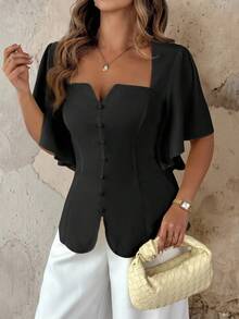 Roveilla Blouse élégante de style français pour femmes grandes tailles, de couleur crème jaune, avec col volant, taille cintrée, ourlet évasé, décoration de boutons, manches évasées. Convient pour la plage, le bureau, les festivals de musique, le thé de l'après-midi - Noir - Voir 3