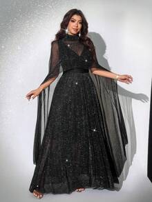 Viva Relle VPlus Size Elegant Long Sequin Party Dress - Black - View 5