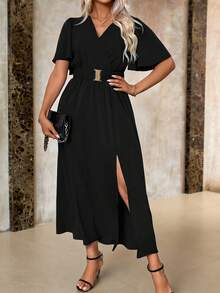 Roveilla 大码V领腰带蝙蝠袖开衩休闲优雅连衣裙长款女装 - 黑色 - 查看 4